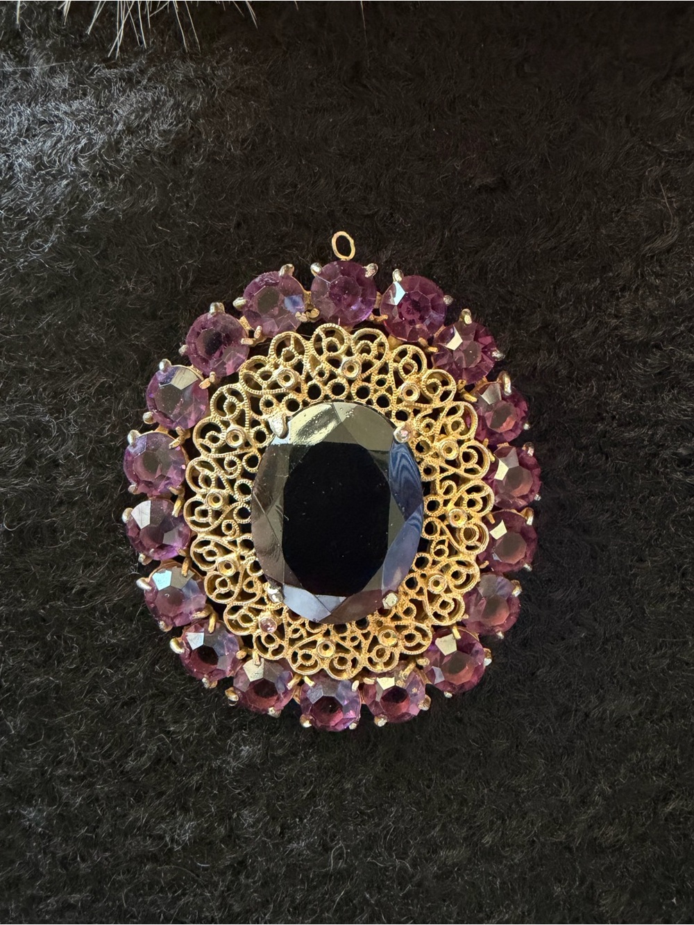 Gold Filigree Pendant with Purple and Black Stones